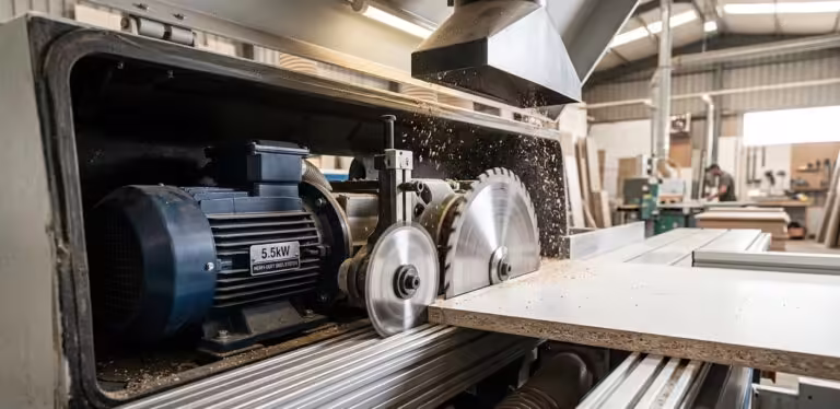 Un instantané photoréaliste capturant une vue interne rapprochée d'un système de scie à panneaux de menuiserie industrielle à double scie H45 robuste exposé coupant activement une épaisse feuille de MDF à face mélamine Le puissant moteur principal de 5,5 kW (étiqueté clairement avec '5,5 kW') domine le premier plan, entraînant la lame circulaire principale plus grande Le précédant directement, la lame de notation plus petite coupe précisément une rainure peu profonde dans le panneau La sciure et les copeaux frais MDF sont activement éjectés des deux lames sous des lumières d'usine focalisées, avec des matériaux empilés, d'autres machines floutées et des figures ouvrières en arrière-plan.