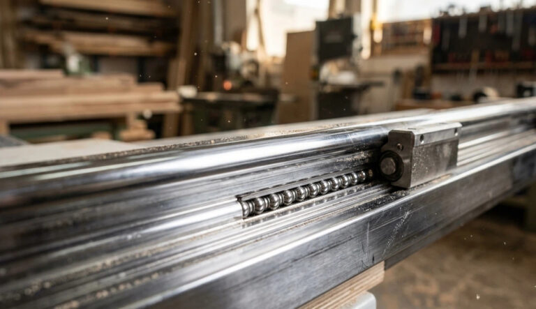 Vue macro technique des rails de guidage industriels de scies à panneaux coulissants comportant des roulements linéaires en acier chromé et des rails de roulement à billes pour le travail du bois de précision.